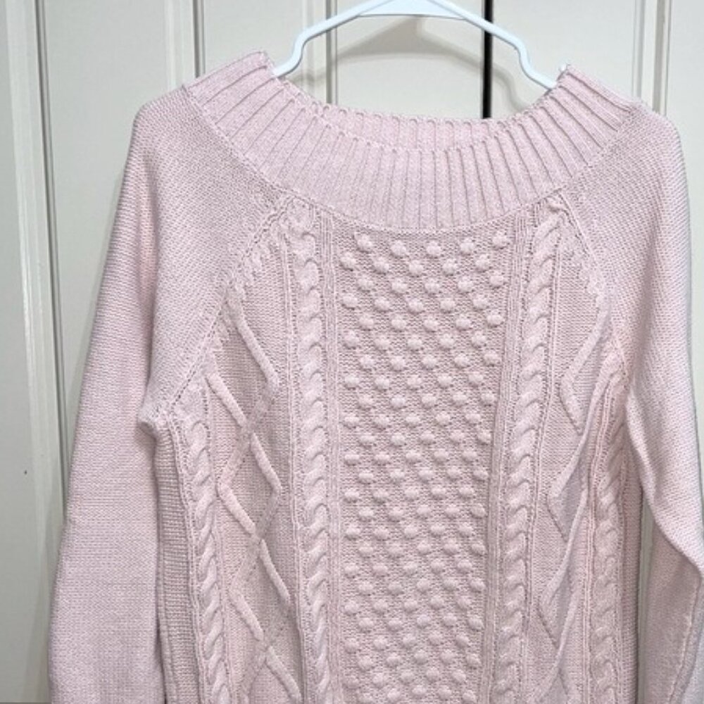 Light Pink Cable Knit Boat Neck Cotton Sweater